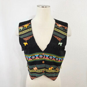 Vintage western hippie vest Black Wooden Animal Beaded Embroidered size Medium M